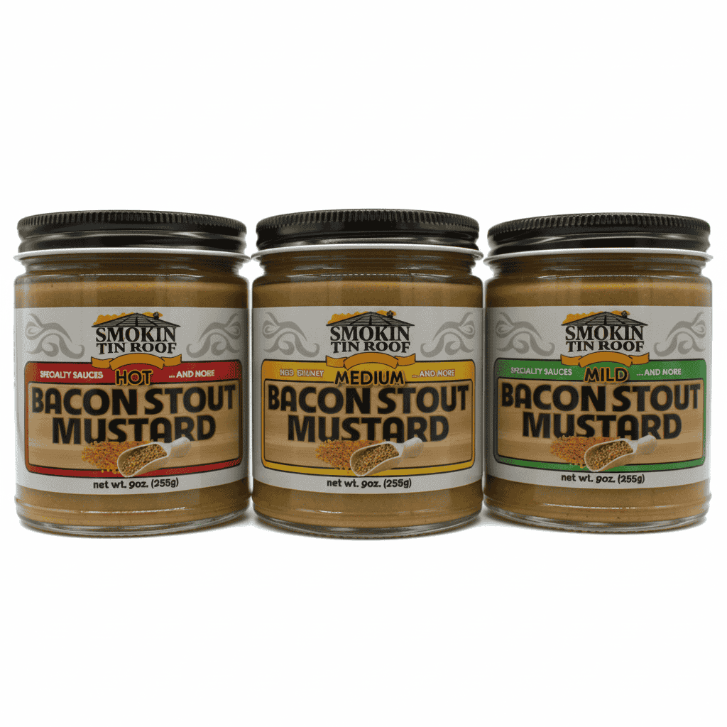 Bacon Stout Mustard Label - Mild, Medium, and Hot Varieties