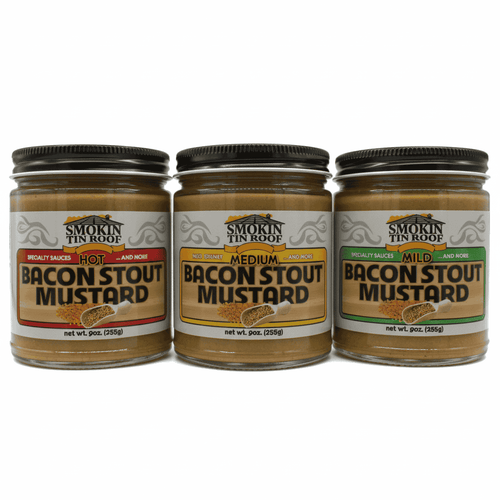 Bacon Stout Mustard Label - Mild, Medium, and Hot Varieties