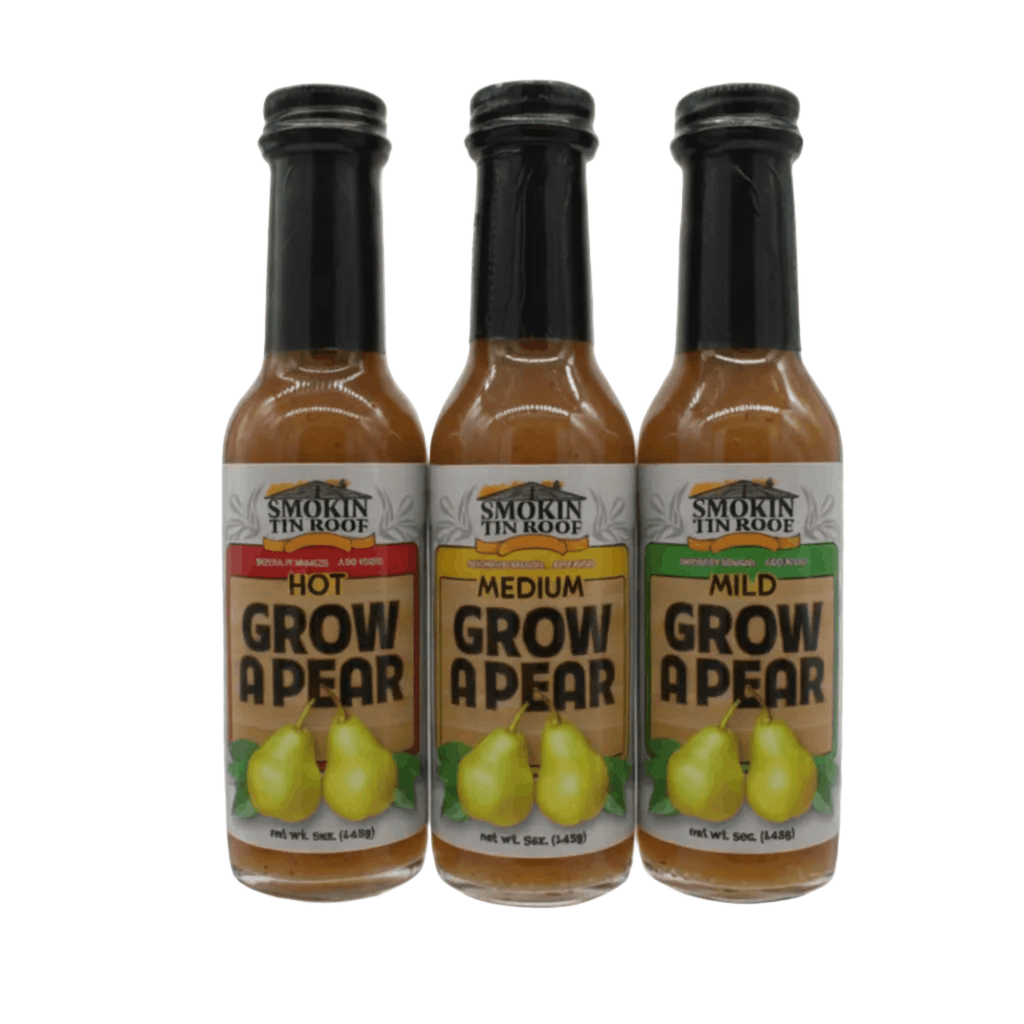 Grow A Pear Sauce Label - Mild, Medium, and Hot Varieties